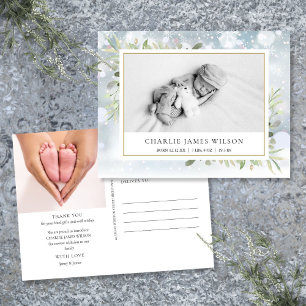 Baby Foto Greenery Snow Winter Birth Vielen Dank Postkarte
