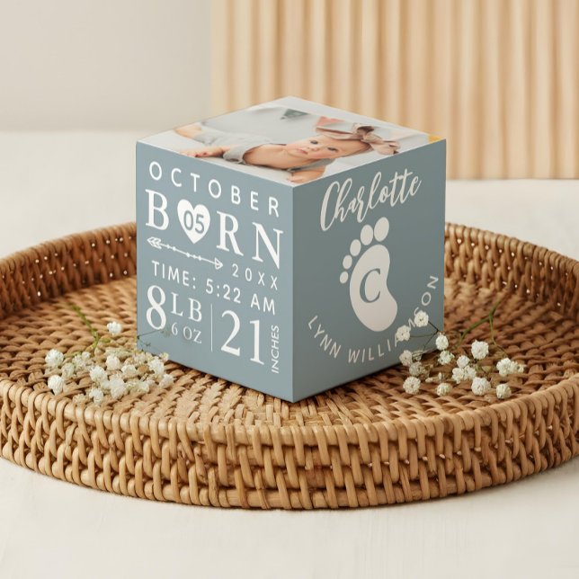 Baby Foto Keepake & Birth Stats Blue Monogram Würfel (Baby Photo Keepsake & Birth Stats Blue Monogram Cube)