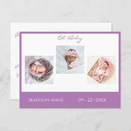 Baby Foto Lila Girl Script Stats Birth Ankündigungspostkarte