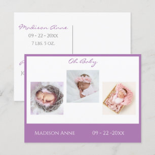 Baby Foto Lila Girl Script Stats Birth Ankündigungspostkarte