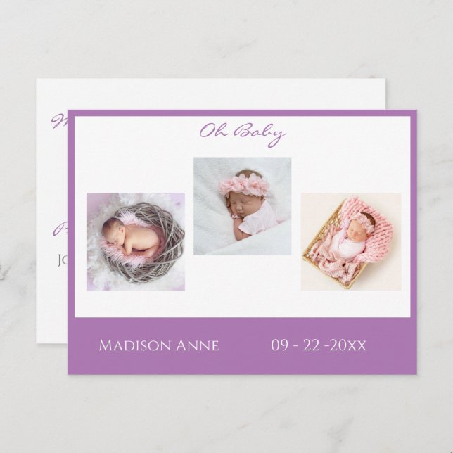 Baby Foto Lila Girl Script Stats Birth Ankündigungspostkarte (Vorne/Hinten)