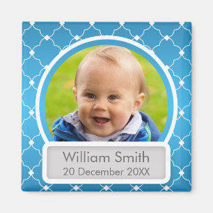 Baby Foto mit Name und Datum Quatrefolie blau Magnet