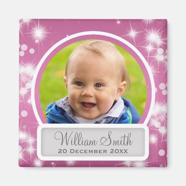Baby Foto mit Name und Datum Winterschnepfen rosa Magnet (Vorne)