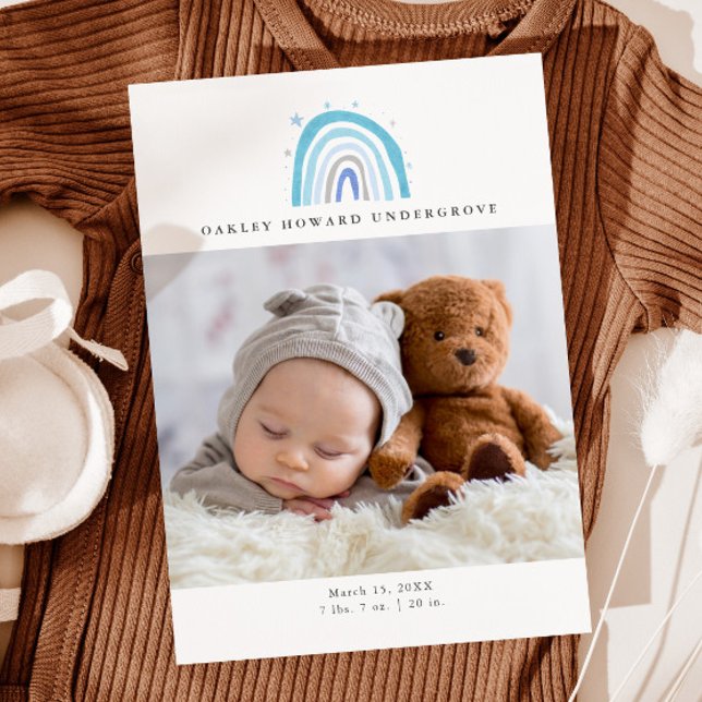 Baby Foto Modern Blue Rainbow Birth Ankündigung (Von Creator hochgeladen)