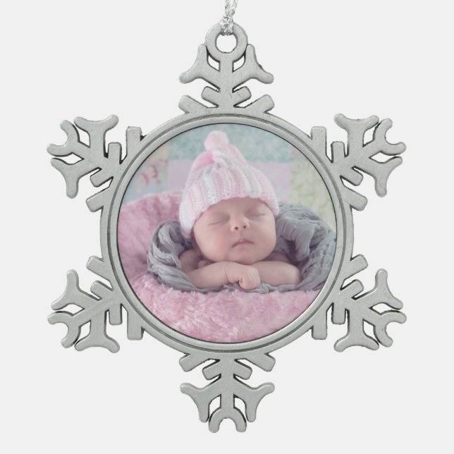 Baby Foto Personalisiert Weihnachtsgeschmack Schneeflocken Zinn-Ornament (Vorderseite)