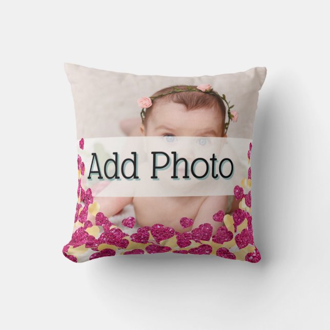 Baby Foto Pink und Gold Glitzer Herz Moderne Liebe Kissen (Vorderseite)