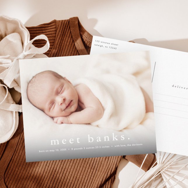 Baby Foto Postkarte (Simple typography meet baby photo birth announcement thank you postcards.)