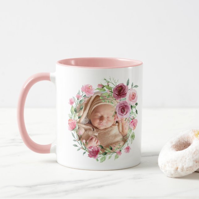 Baby Foto Rosa Blume Aquarell Name Floral Tasse (Mit Donut)