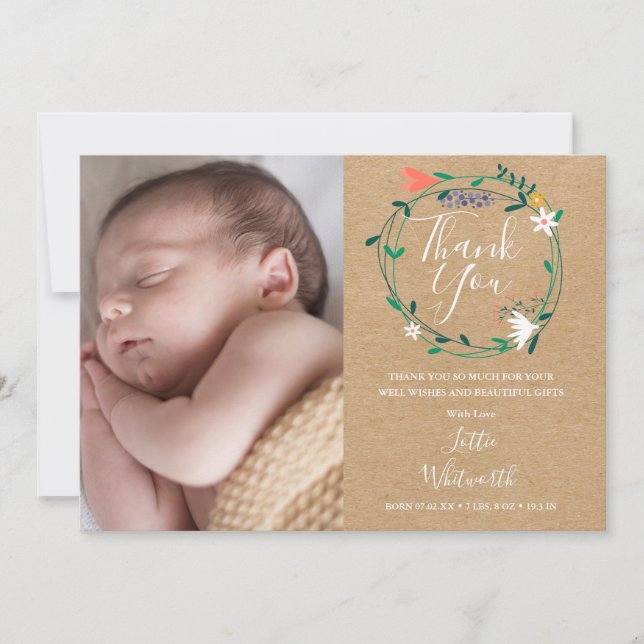Baby Foto Rustic Boho Floral Vielen Dank, dass Sie Ankündigung (Vorderseite)