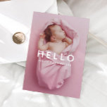 Baby Foto Simple Overlay Hello Birth Ankündigung<br><div class="desc">Einfache Ankündigung der Geburt Foto-Template-Karte mit Blocky-Schriftart als Overlay-Text auf Ihrer Bildauswahl. Sie können auch den Namen Ihres Neugeborenen hinzufügen. Sie können ein zweites Bild auf der Rückseite der Karte hinzufügen,  zusammen mit einer kurzen Meldung,  die die Geburtsdaten enthält.</div>