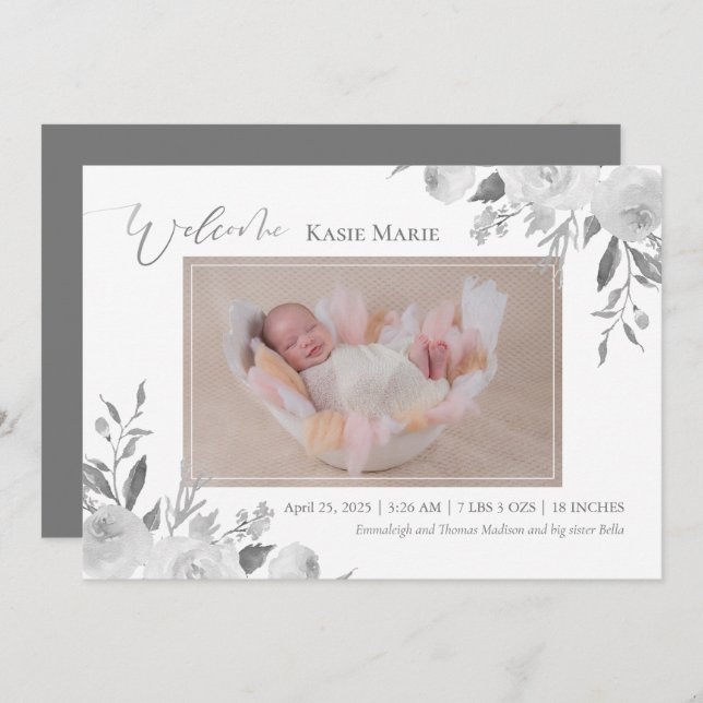 Baby Foto Spring Elegante Blumengrau Ankündigung (Vorne/Hinten)