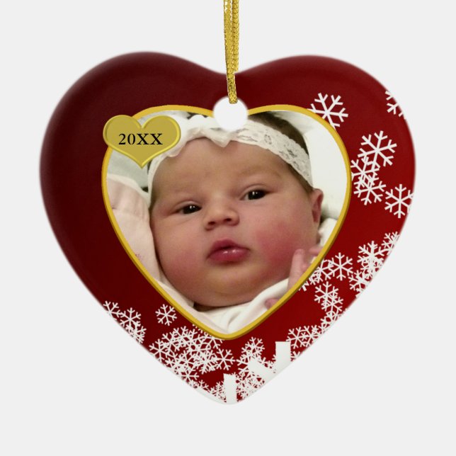 Baby-Foto-und Geburts-Datums-Weihnachten Snowy Keramikornament (Vorne)