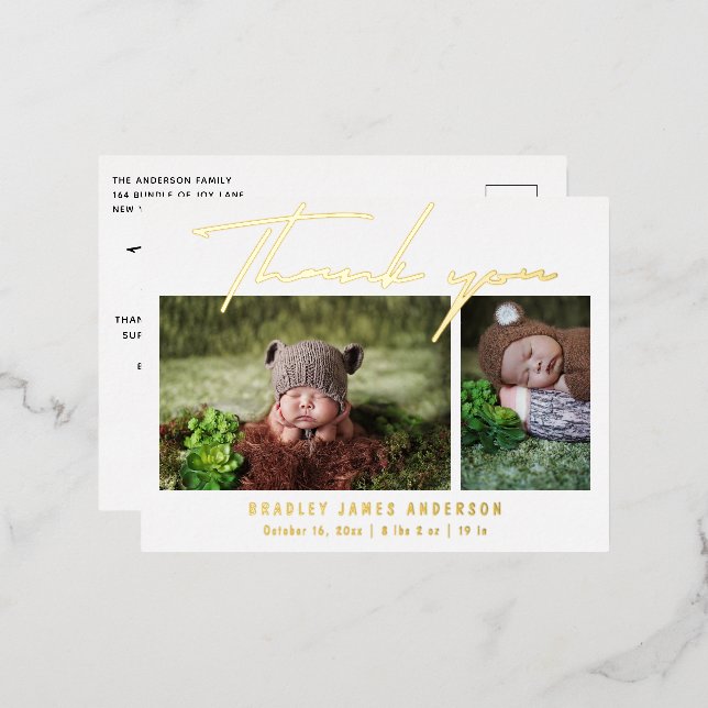 Baby Foto Vielen Dank für die moderne Script Birth Folie Einladungspostkarte (Vorderseite/Rückseite)