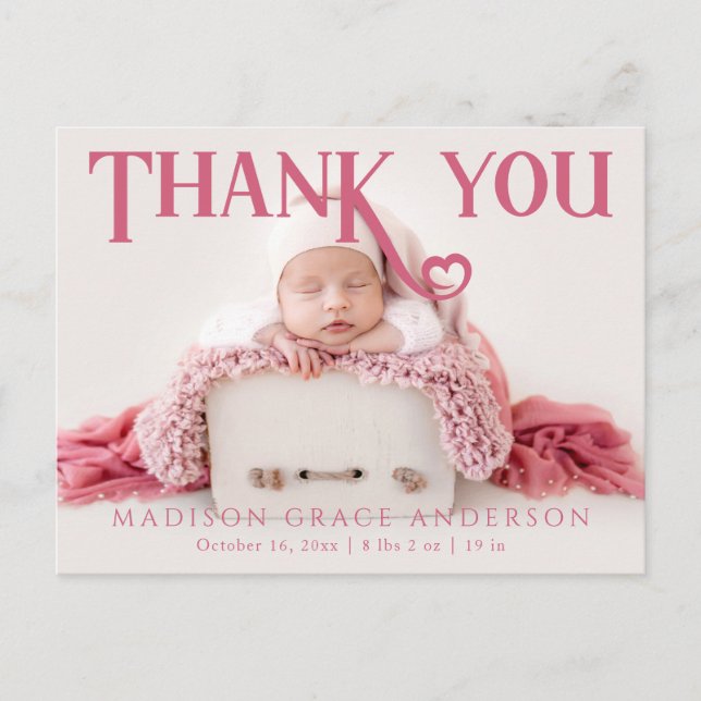 Baby Foto Vielen Dank für Ihre moderne Herzgeburt Ankündigungspostkarte (Vorderseite)
