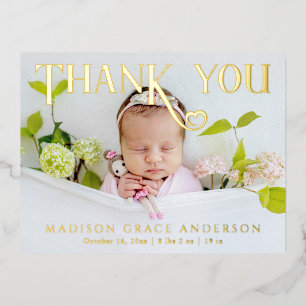 Baby Foto Vielen Dank für Ihre moderne Herzgeburt Folie Einladungspostkarte