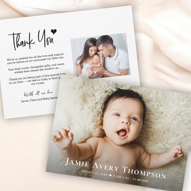Baby Fotos Vielen Dank Heart Modern Birth Ankündigung (Customizable Newborn photos baby birth announcement thank you cards.)