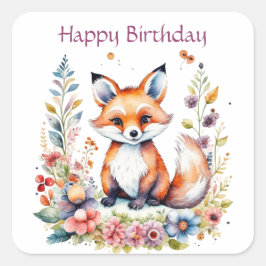 Baby Fox bei Blume Happy Birthday Quadratischer Aufkleber
