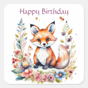 Baby Fox bei Blume Happy Birthday Quadratischer Aufkleber
