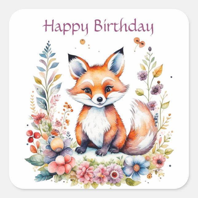 Baby Fox bei Blume Happy Birthday Quadratischer Aufkleber (Vorderseite)