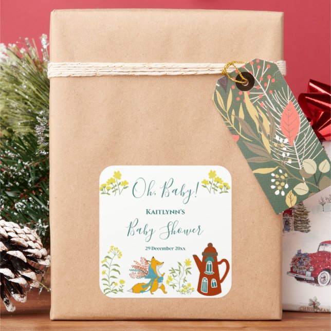 Baby Fox Blume Babyduschgeschenk Quadratischer Aufkleber (Feiertag)