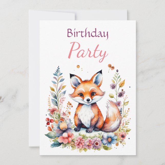 Baby Fox in Blume Girl's Birthday Party Einladung (Vorderseite)