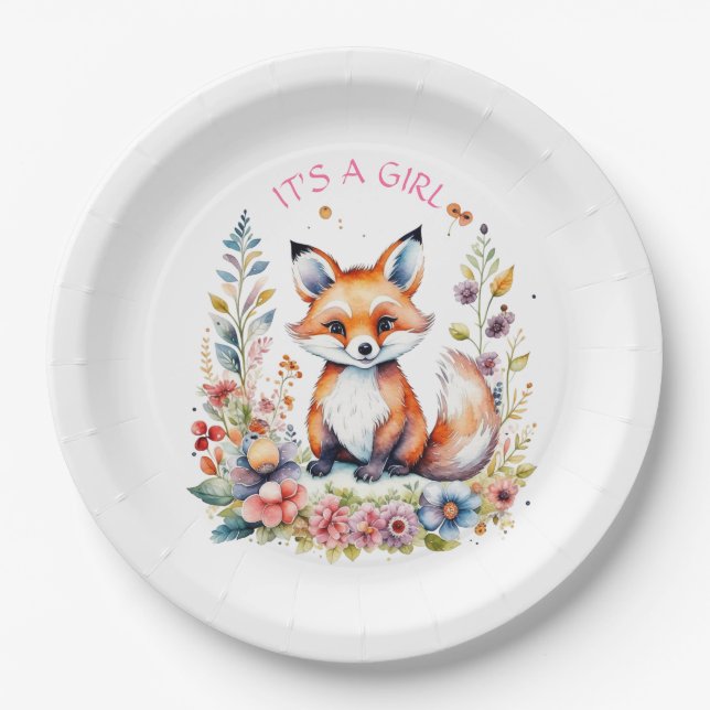 Baby Fox in Flowers | Baby Shower It's a Girl Pappteller (Vorderseite)