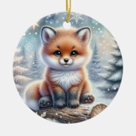 Baby Fox in Winter Pines Keramik Ornament