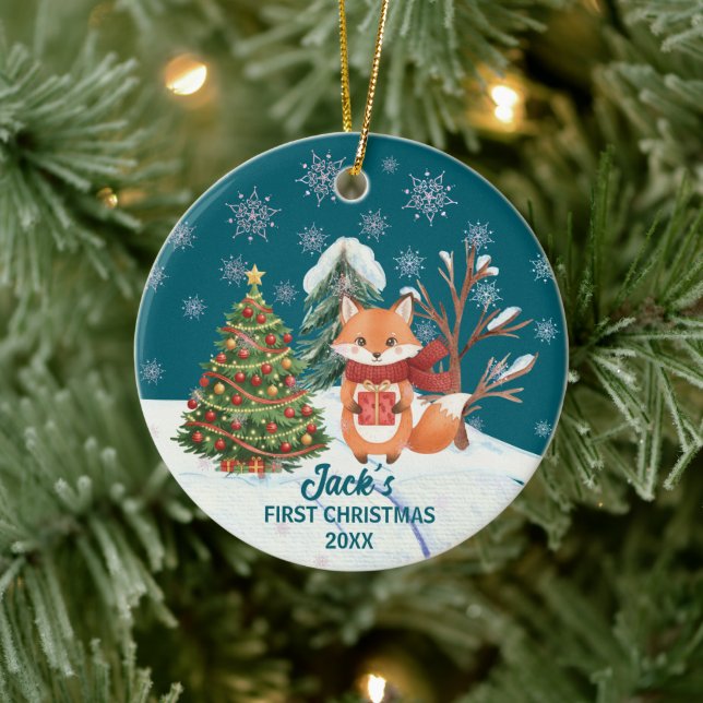 Baby Fox Snow Trees First Christmas Keramik Ornament (Baum)