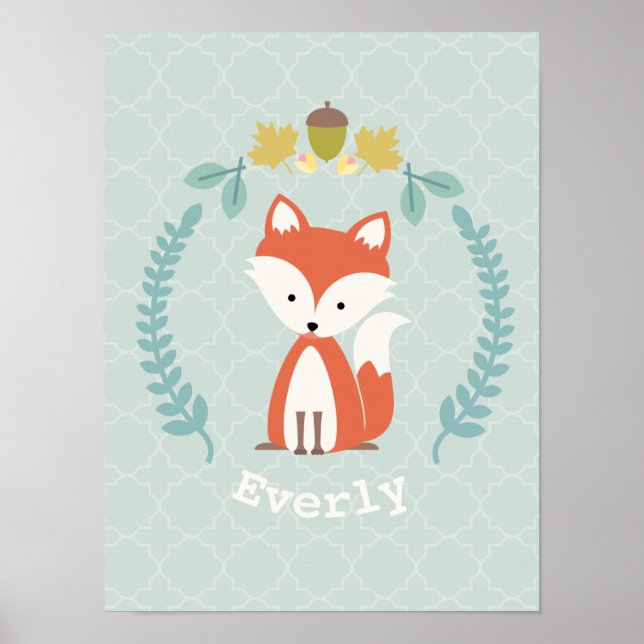Baby Fox Wreath Personalisiertes Kinderzimmer Artw Poster (Vorne)