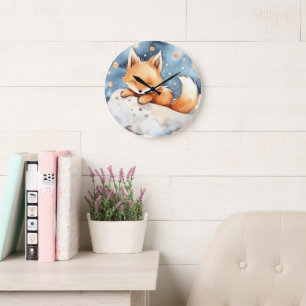 Baby Fuchs schlafend auf dem Mond Aquarell Kinder  Große Wanduhr