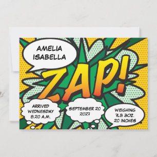 Baby-Geburtsstatistik-Comic-Book-Pop-Art-Ankündigu Einladung