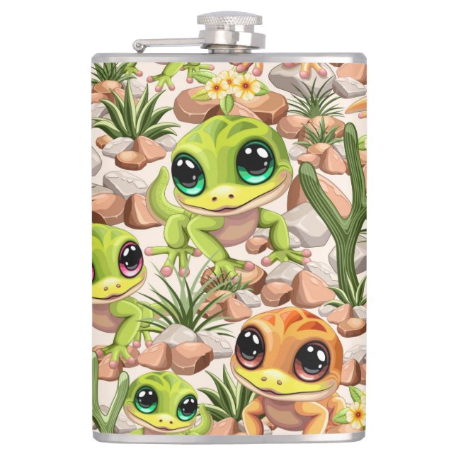 Baby Geckos Niedlich Cartoon Characters Flachmann (Vorderseite)