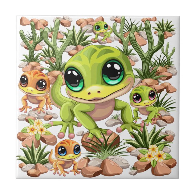 Baby Geckos Niedlich Cartoon Characters Fliese (Vorderseite)