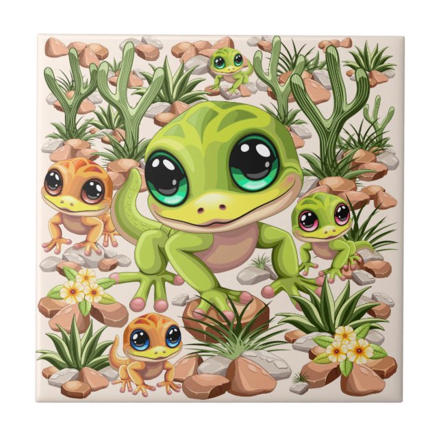 Baby Geckos Niedlich Cartoon Characters Fliese (Vorderseite)