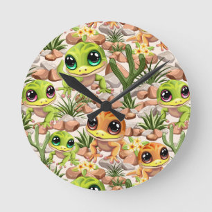 Baby Geckos Niedlich Cartoon Characters Runde Wanduhr