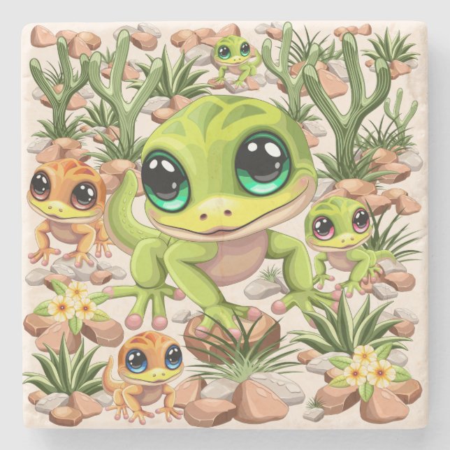Baby Geckos Niedlich Cartoon Characters Steinuntersetzer (Vorderseite)