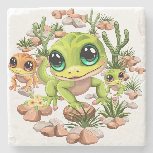 Baby Geckos Niedlich Cartoon Characters Steinuntersetzer (Vorderseite)