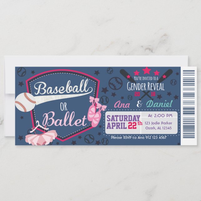 Baby Gender-Enthüllung - Baseballs oder Ballet Einladung (Vorderseite)