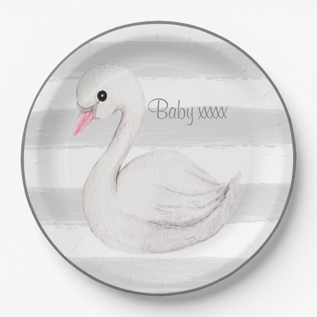 Baby Gender Neutral Swan Gray Script Baby Shower Pappteller (Vorderseite)