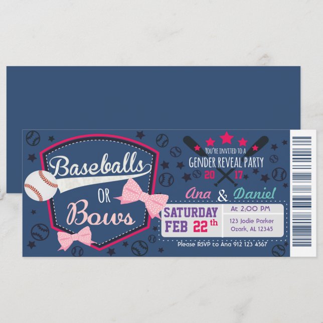 Baby Gender-Offenbarung - Baseballs oder Bows Einladung (Vorne/Hinten)