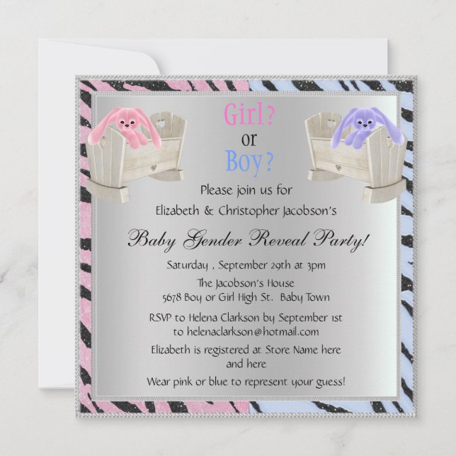 Baby Gender Reveal Animal Print, Bunnies & Cribs Einladung (Vorderseite)