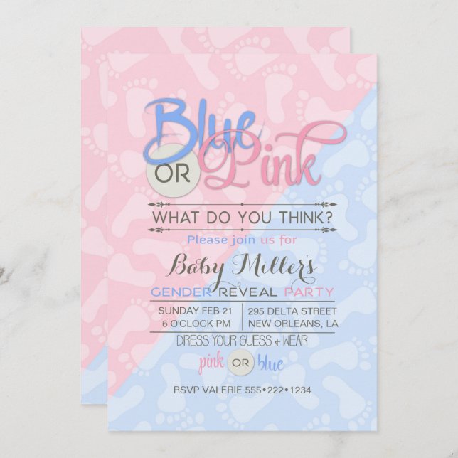Baby Gender Reveal Party Pink Blue Footprint Einladung (Vorne/Hinten)