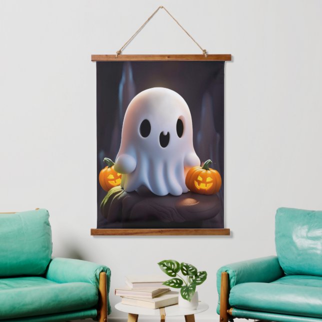 Baby Ghost Creepy Niedlich Halloween Charakter Wandteppich Mit Holzrahmen (Wohnzimmer)