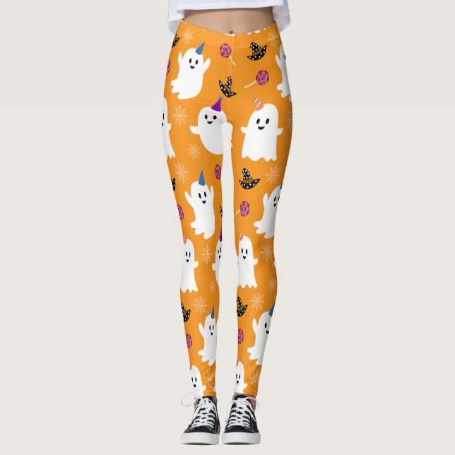 Baby Ghost Pattern Orange Halloween-Party Leggings (Vorderseite)