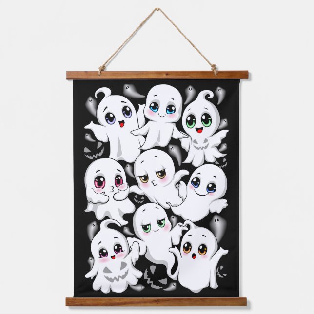 Baby Ghosts Spookoky Niedliche Halloween-Stimmung Wandteppich Mit Holzrahmen (Vorderseite)