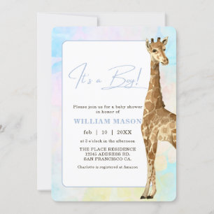 Baby Giraffe Baby Shower Blue I is a Boy Einladung