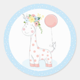 Baby Giraffe Balloon Floral Crown Pastel Blue Zoo Runder Aufkleber
