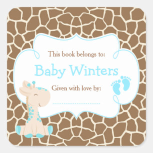 Baby-Giraffe Blaues Baby-Shower-Buchschild Quadratischer Aufkleber