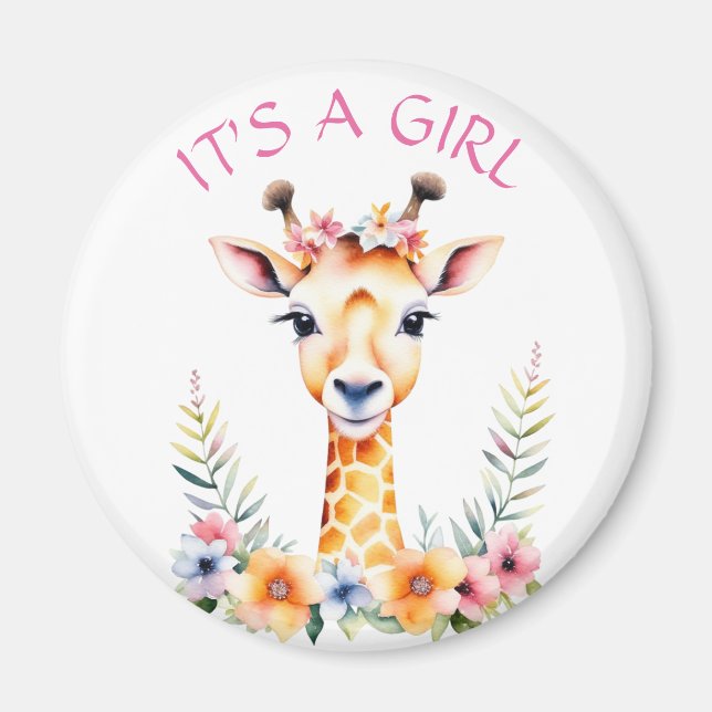 Baby Giraffe Floral, es ist ein Mädchen | Babydusc Magnet (Vorne)