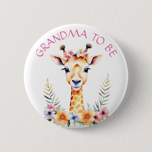 Baby Giraffe Floral, Oma zu sein | Babydusche Button (Vorderseite)